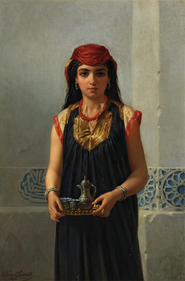 A young girl serving tea by Emile Lecomte-Vernet